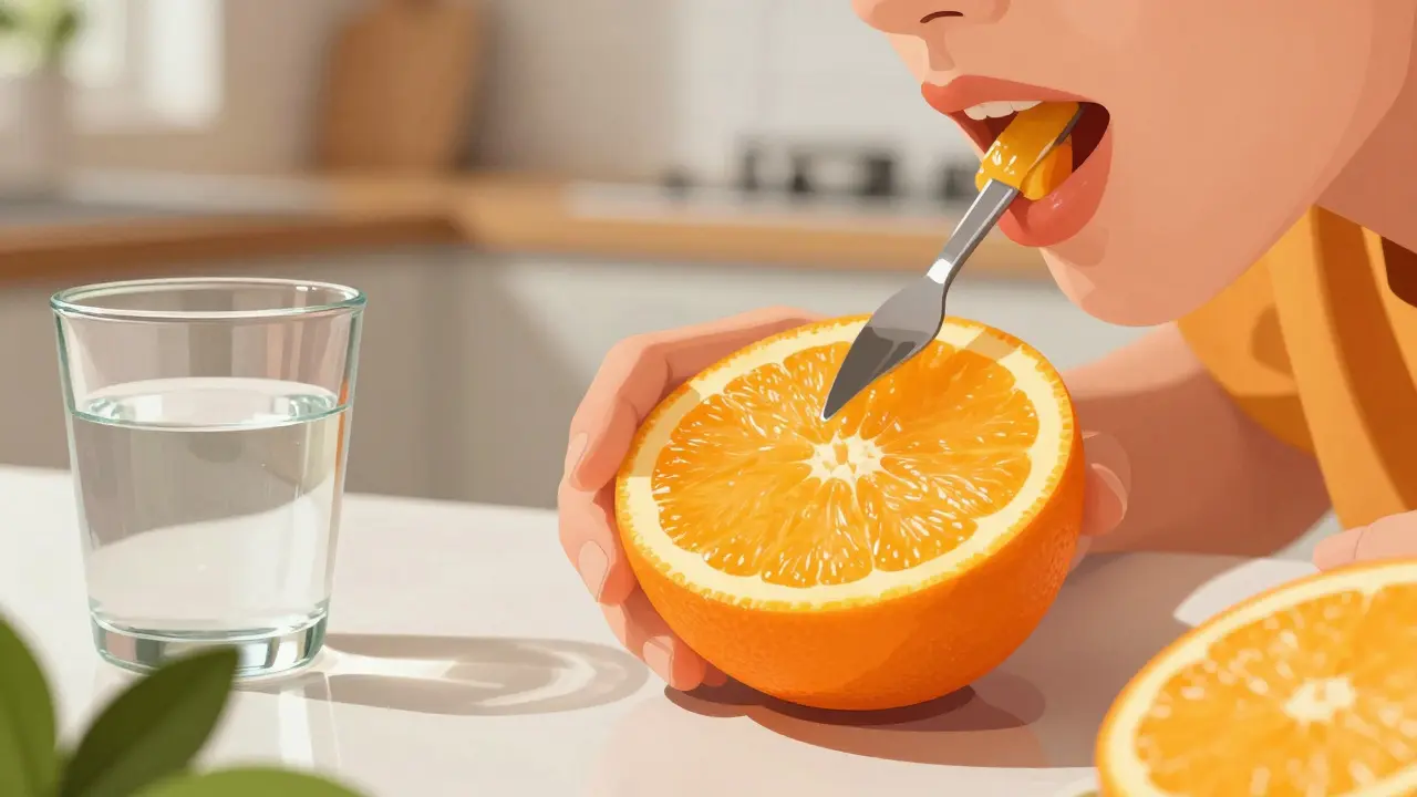 Osoba jedí pomeranč po užití rybího kolagenu.