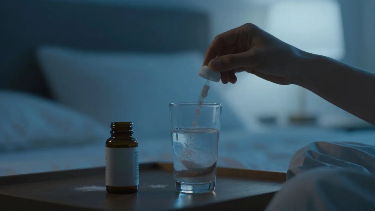 Osoba užívá rybí kolagen před spaním v ložnici.