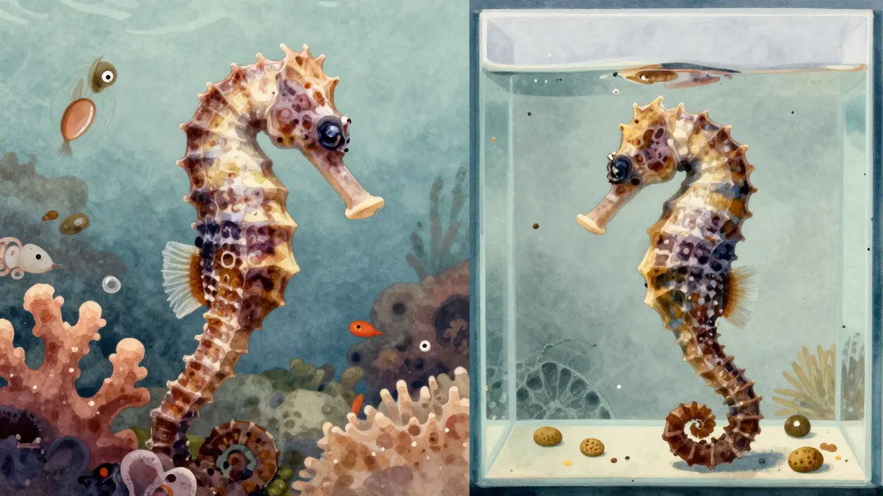 Porovnání divokého a chovaného mořského koníka: jeden v čistém ekosystému, druhý v bezživotném nádrži.