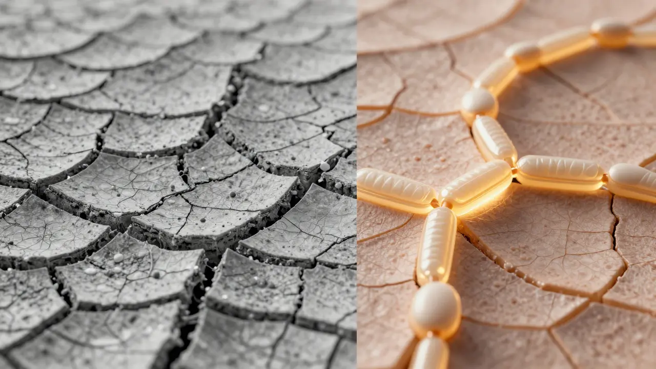 Porovnání poškozené a obnovené kůže: vlevo suchá a prasklá, vpravo s obnovenou bariérou a zdravým zářením.