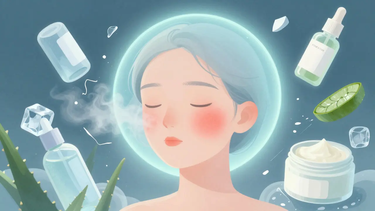 Příznivá oblast na tváři s chladným aloe vera mistem, zatímco škodlivé produkty jsou zničeny.