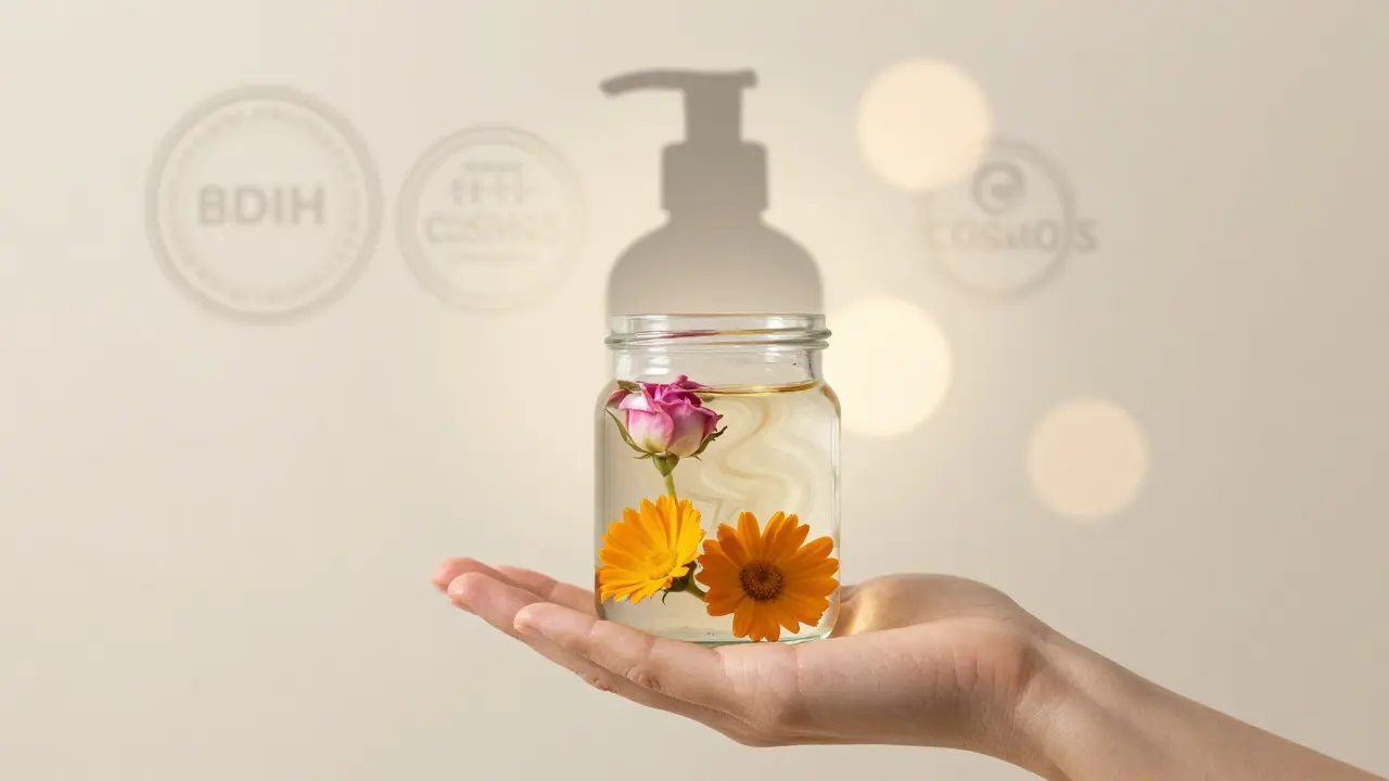 Průhledná skleněná nádoba s přírodními složkami a stínem chemické kosmetiky.