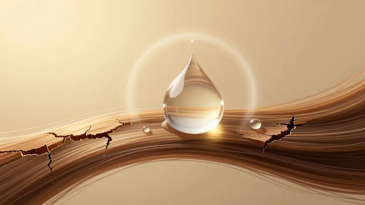 Průhledné kapky vody pronikají do vláknité struktury, zatímco suché a prasklé části kontrastují.