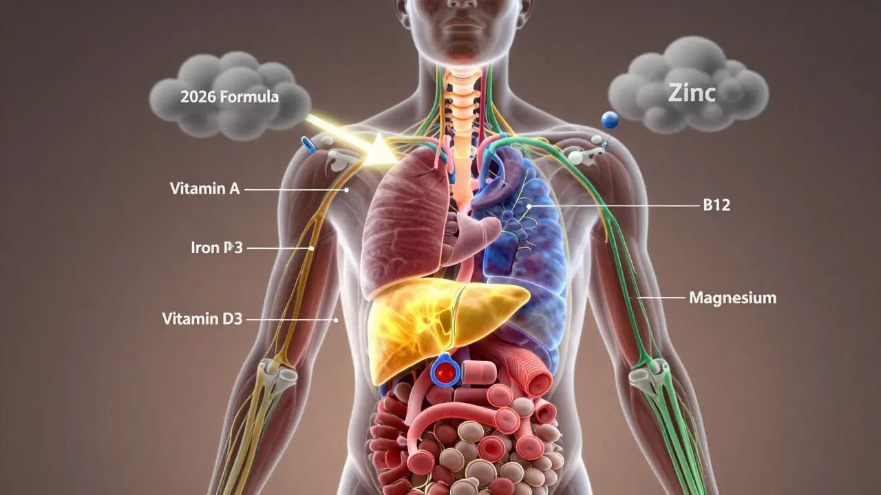 Průhledný lidský tělo s vnitřními orgány zářícími barvami podle vitamínů a minerálů.