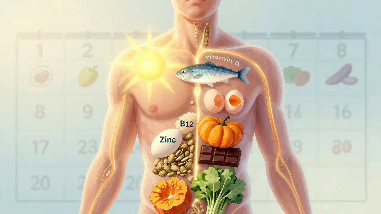 Průhledný lidský tělo s vykreslenými cestami vitamínů z potravin a slunce