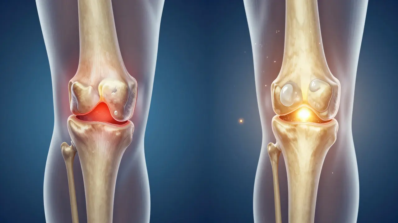 Průřez kolenním kloubem: poškozená chrupavka na levé straně, obnovená na pravé.