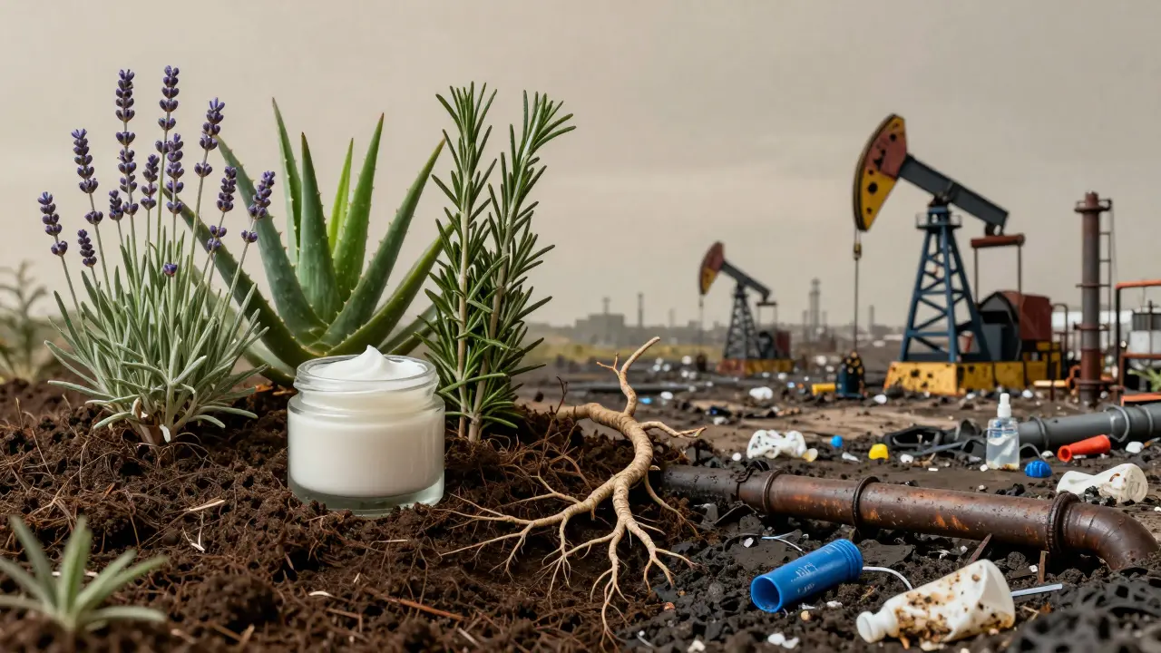 Rozdělená země: přírodní strana s rostlinami a kosmetikou, druhá strana s průmyslovým znečištěním.