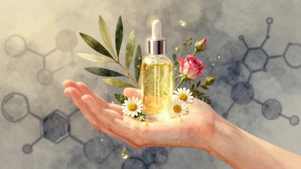Ruka aplikující přírodní sérum s plavajícími rostlinnými prvky, kůže září zdravím.