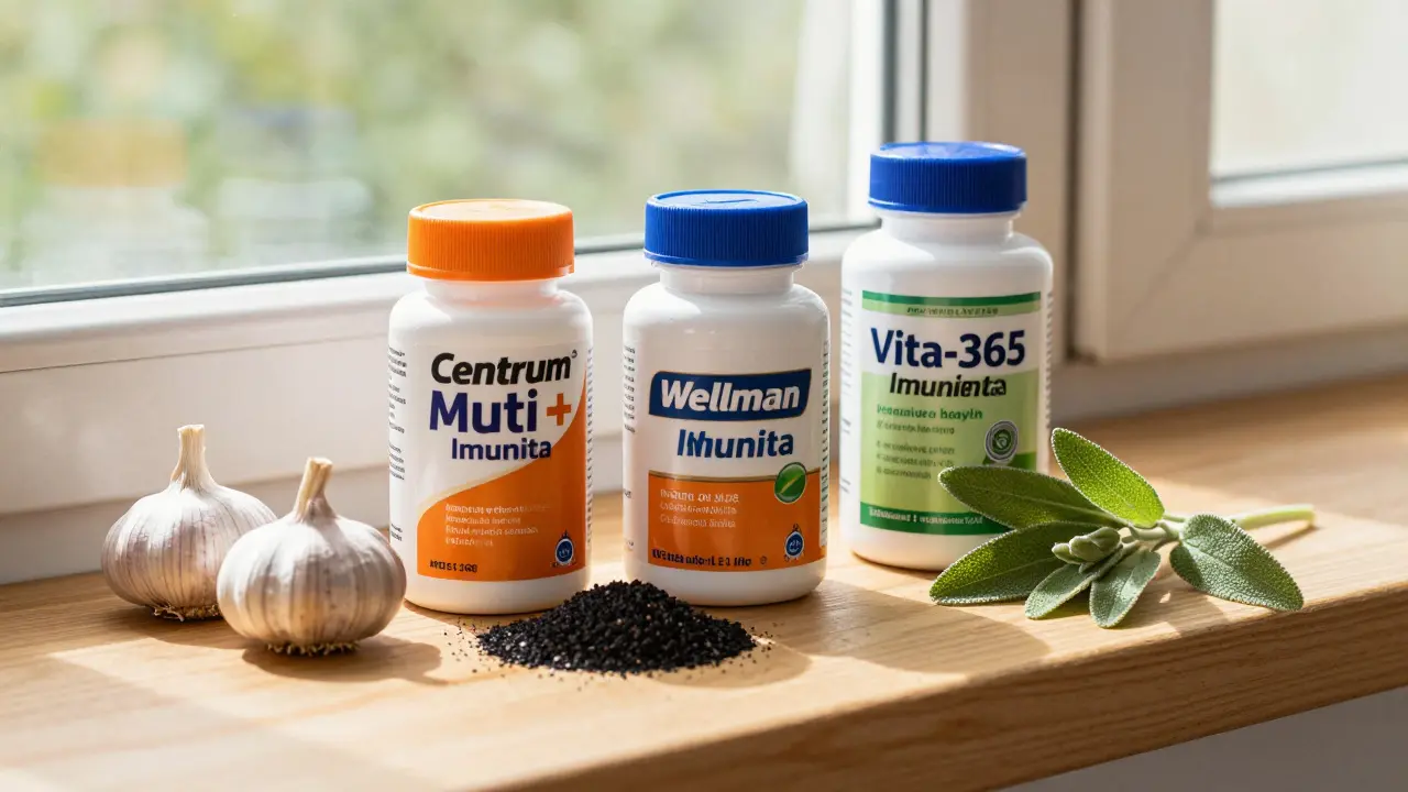 Tři české multivitamíny pro imunitu spolu s černým cípkem, česnekem a šalvějí na dřevěném okenním trámu.