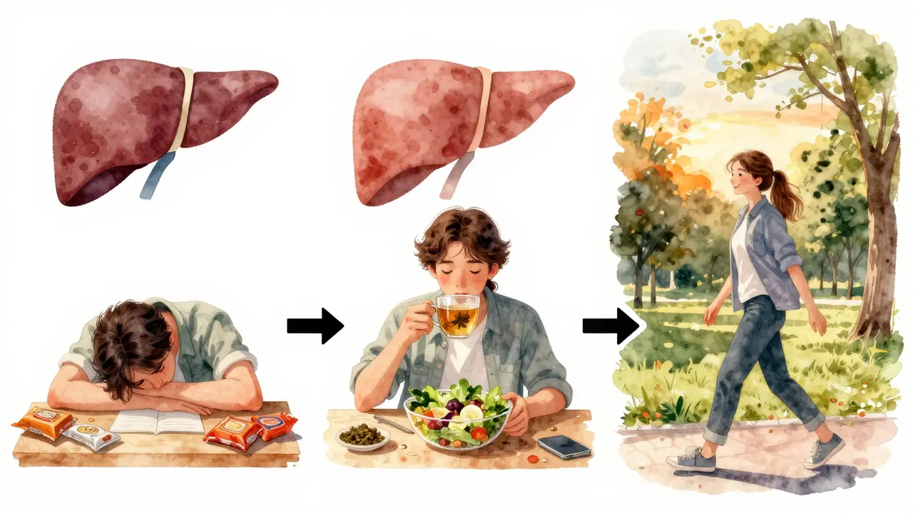 Tři fáze života: unavený člověk, zdravý jídelníček, a energická osoba na procházce – přechod k lepšímu zdraví.