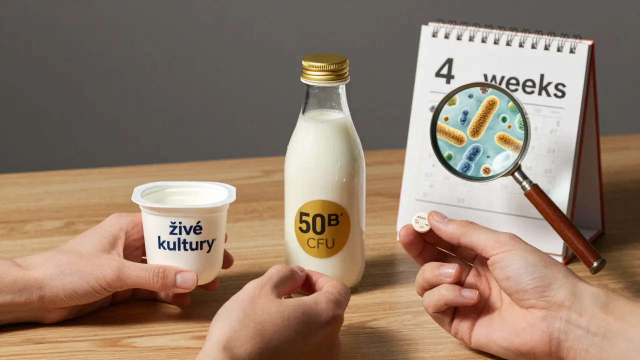 Tři zdroje probiotik: jogurt, kefír a tablety s uvedením CFU a kmenů