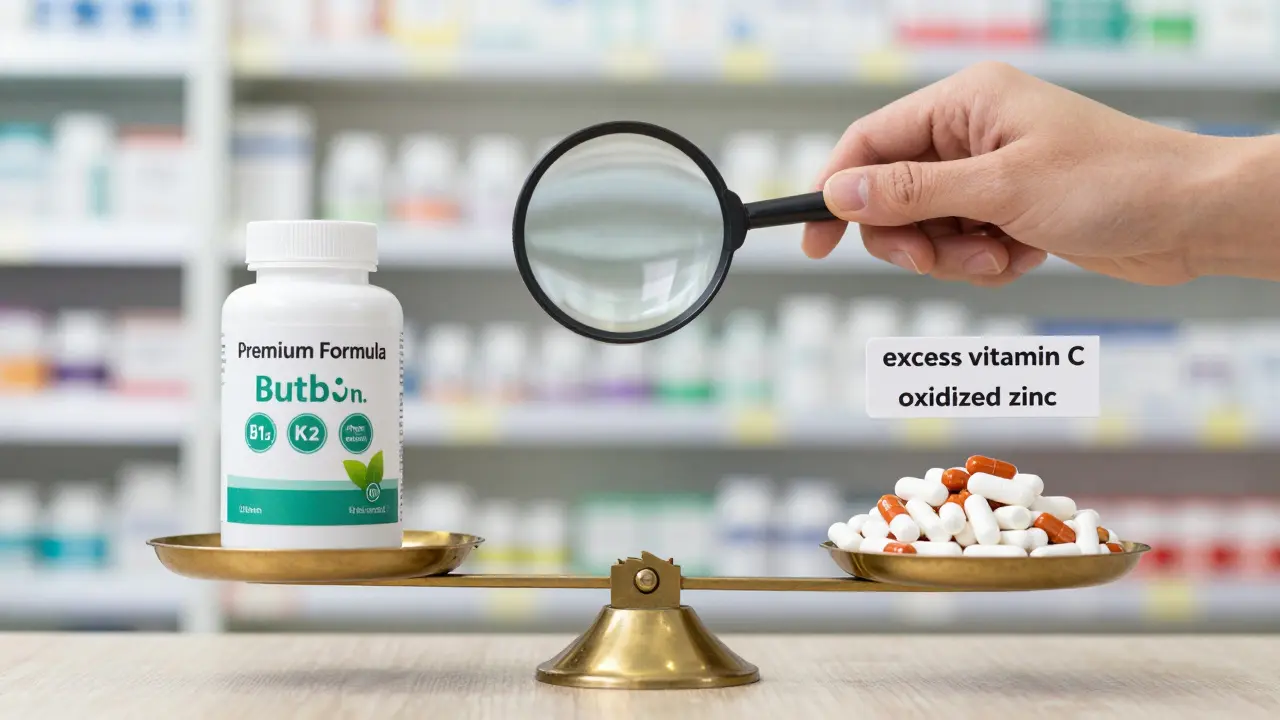 Váha s kvalitním multivitaminem naproti levnému, s lupou ukazující certifikaci.