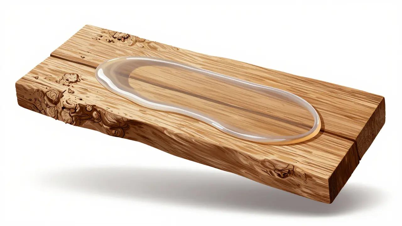 Vlasy jako dřevěná deska s hladkou průhlednou vrstvou, která je pokrývá, symbolizující účinek silikonu.