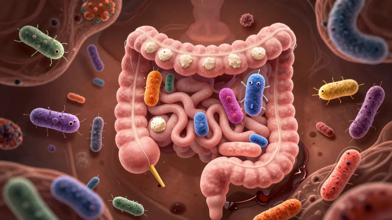 Vnitřní stěna střeva s různými druhy laktobacilů bojujícími proti škodlivým bakteriím