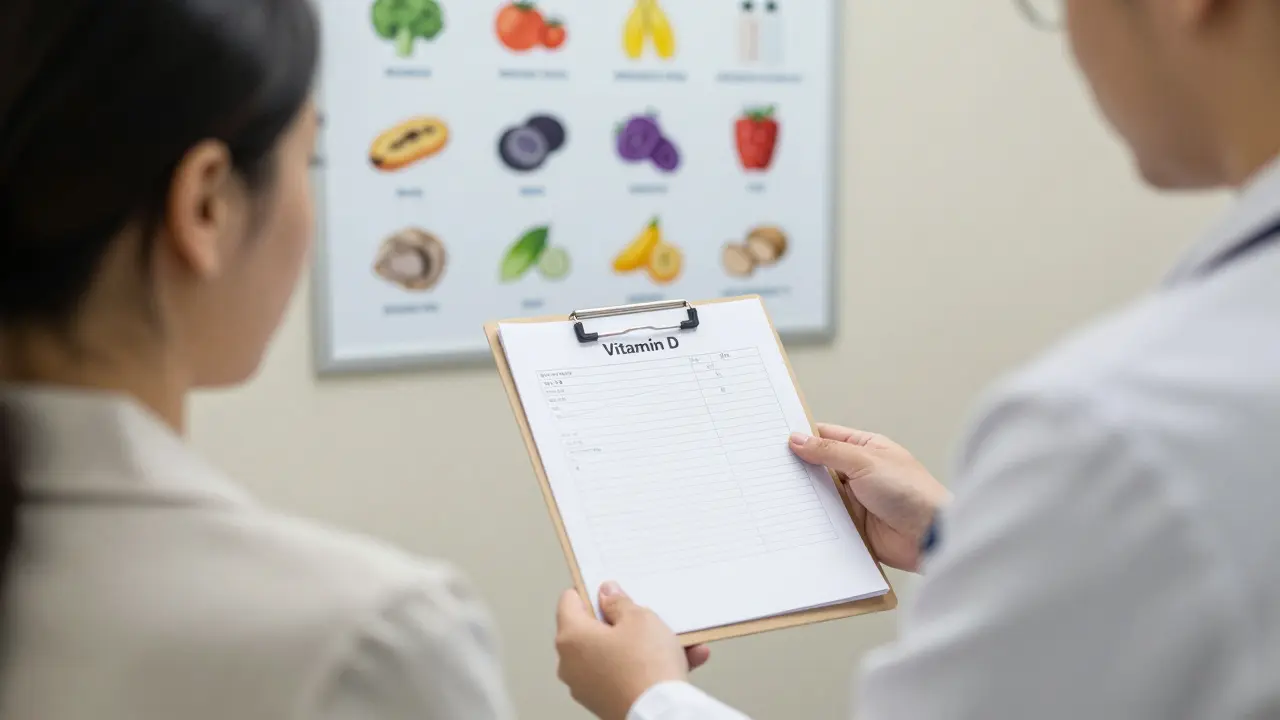 Zdravotní sestra ukazuje pacientovi výsledky testu vitamínů v klinice