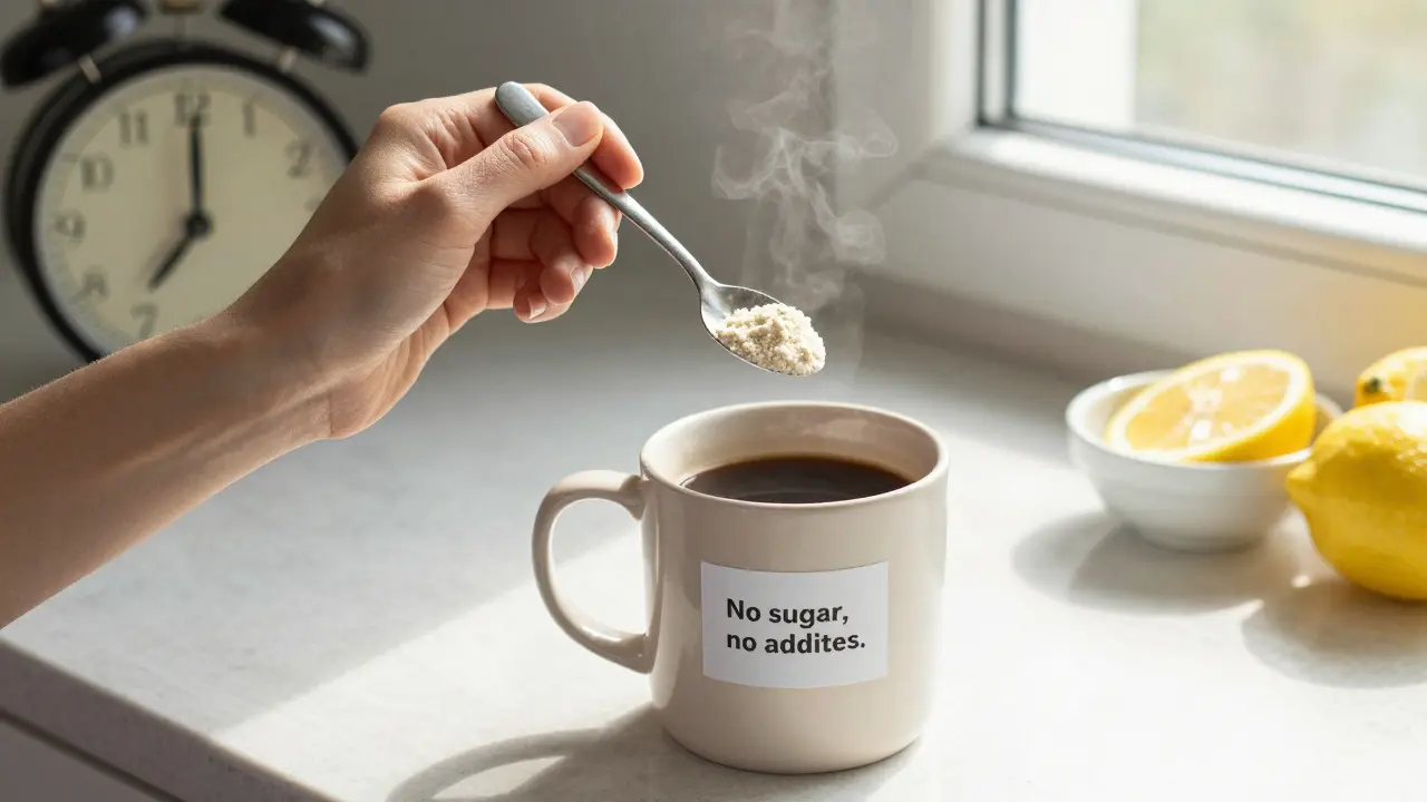 Žena přidává prášek kolagenu do kávy bez přísad, na pozadí světlo a zdravé potraviny.