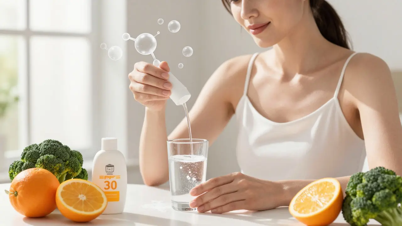 Žena připravuje rybí kolagen s vitamínem C a ochranou proti slunci.