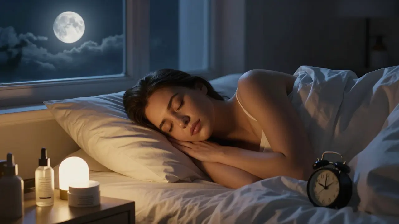 Žena spí v klidné noční pokoji s hydratačními produkty vedle postele.