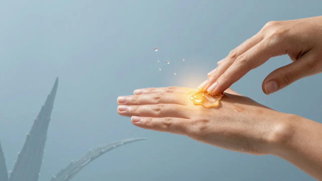 Aloe vera gel se jemně nanáší na popálenou kůži s jemným zářivým efektem.