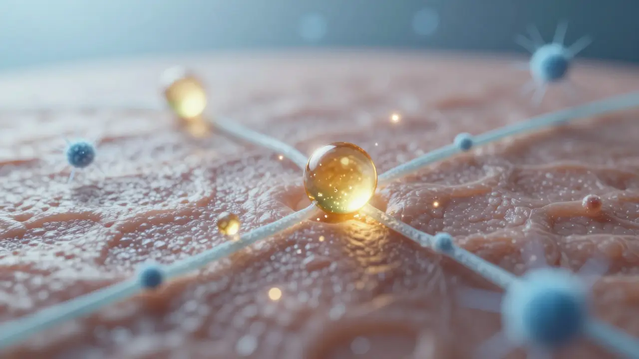 Detail kůže s mikroskopickými zlatými částicemi vitamínu C pronikajícími do pokožky.