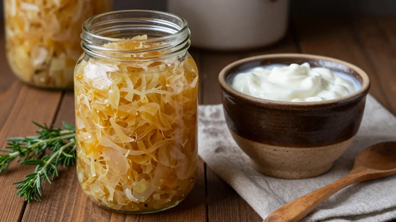 Fermentované potraviny ve sklenici, kysaná kapusta a kefír na dřevěnu.