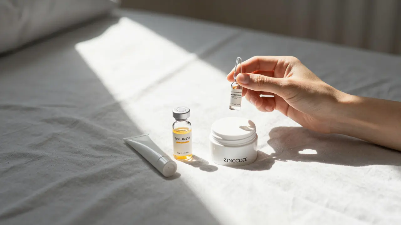 Jednoduchá péče o citlivou pleť: sérum s kyselinou hyaluronovou a fyzikální solární filtr s oxidem zinečnatým.