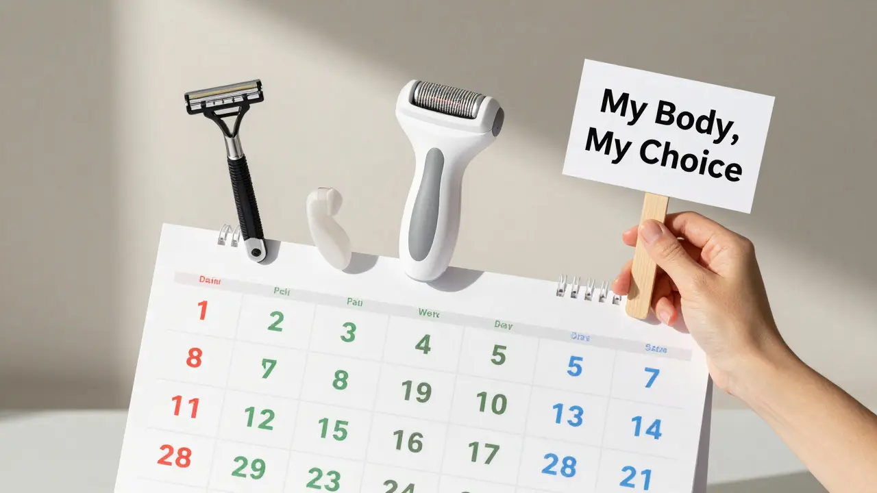 Kalendář s barvami označujícími frekvenci holení a symboly depilace.