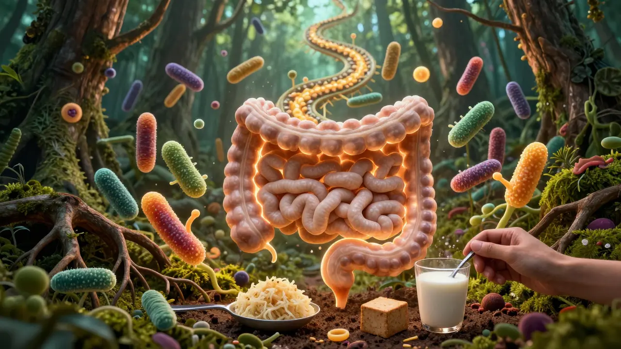 Koncepční obraz střev jako lesa s probiotiky, do kterého se přidávají kvasené potraviny.