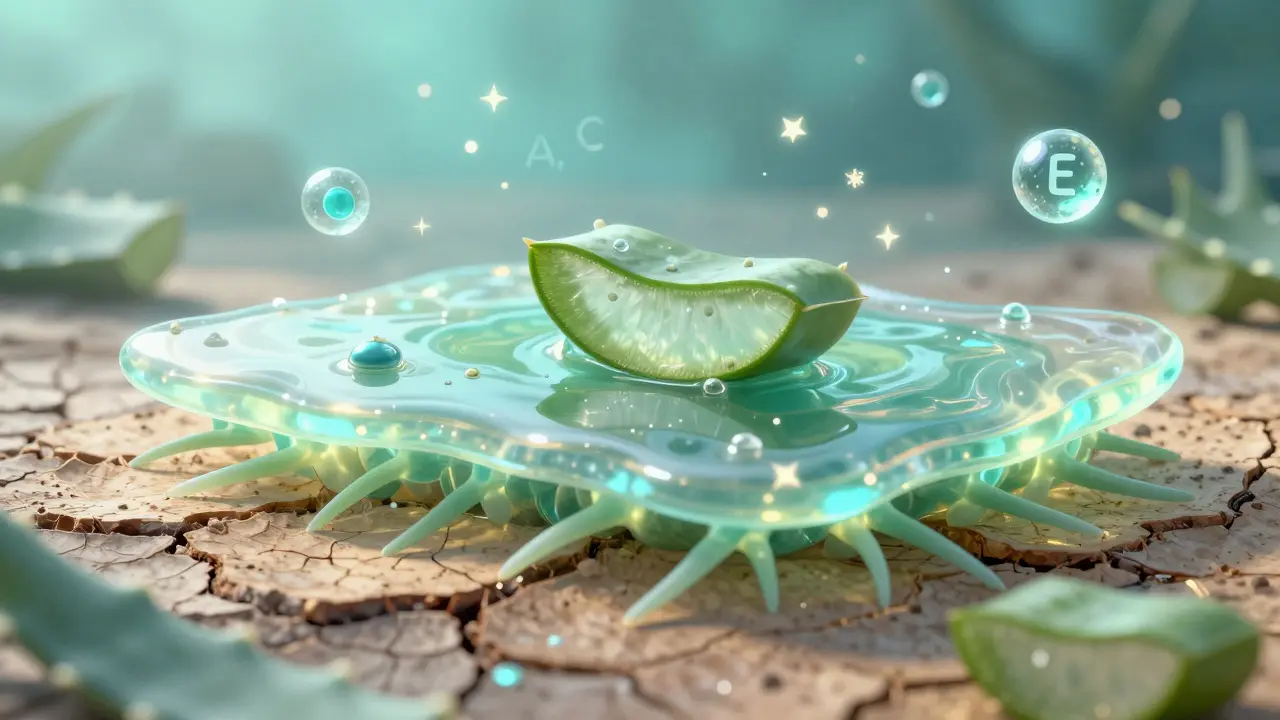 Koncepční znázornění regenerace kůže pod vlivem polysacharidů a vitaminů z aloe vera.