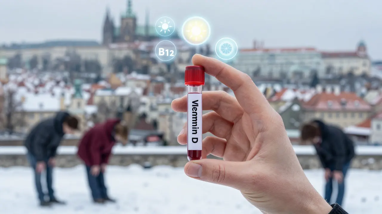 Krevní testová zkumavka s tóny vitamínů nad českým zimním městem.