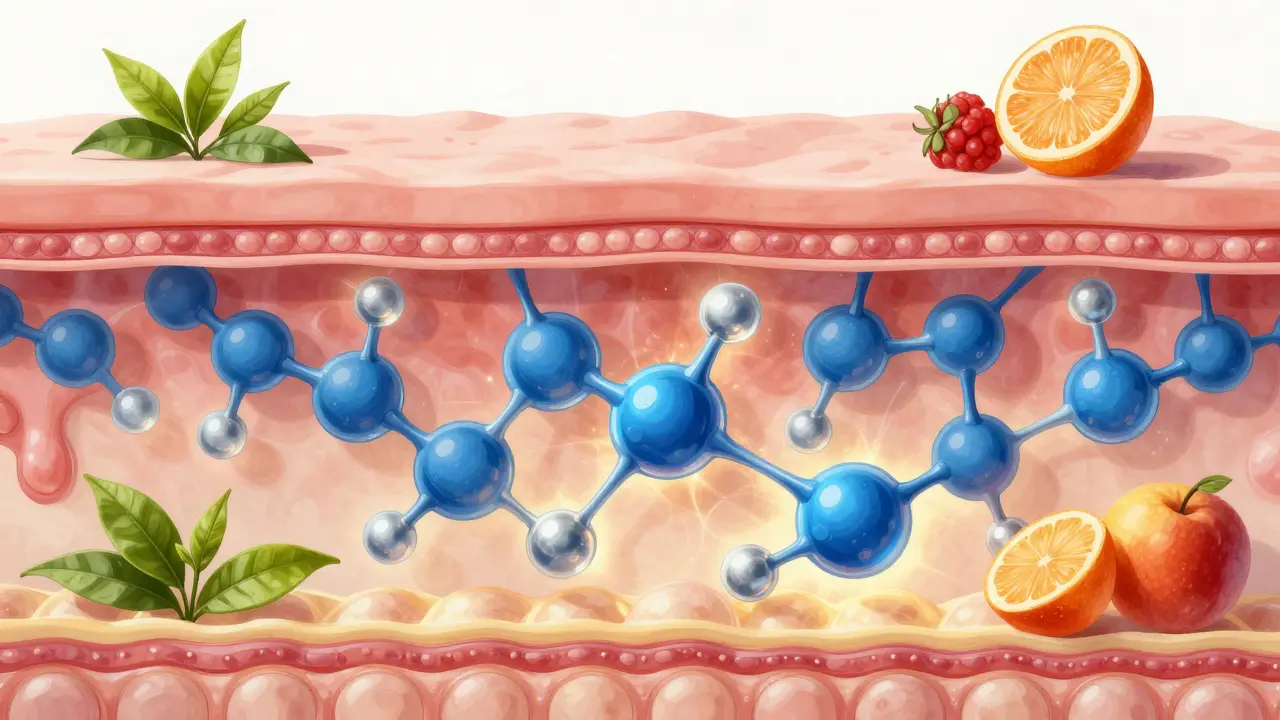 Křížový řez kůže s regenerujícími kolagenovými vlákny a antioxidanty, v teplém světle.
