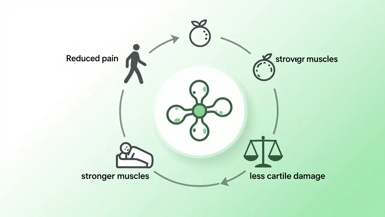Kruhový diagram ukazující, jak kolagen podporuje pohyb, svaly a zdraví kloubů.