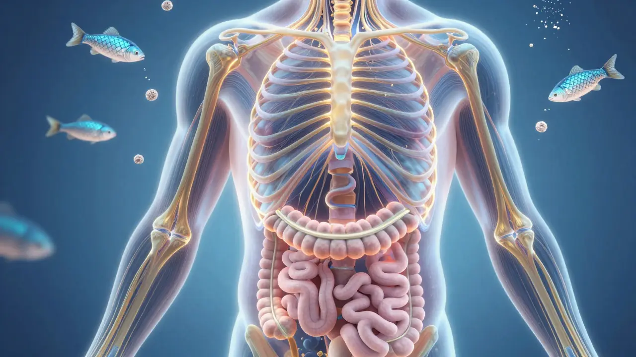 lidské tělo s světelnými cestami kolagenu směřujícími k pokožce, vlasům a kloubům