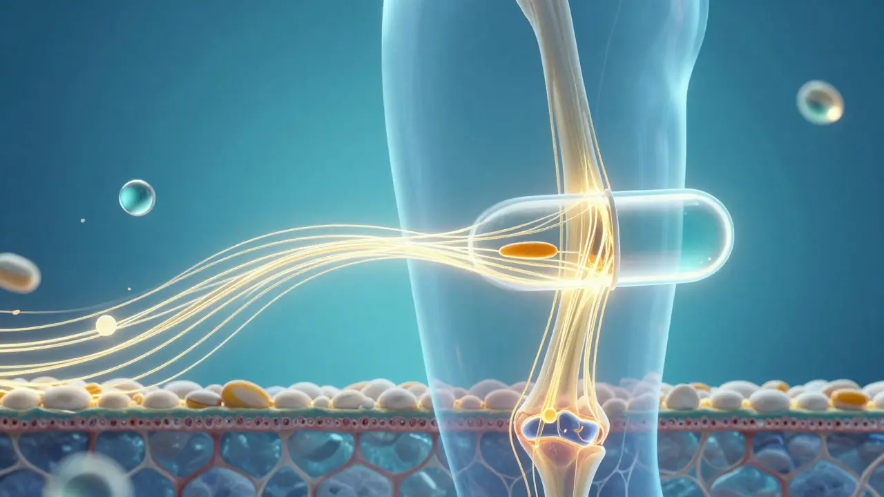  lidské tělo s viditelnými kolagenovými vlákny proudícími z rybí kapsle do kloubů a kůže.