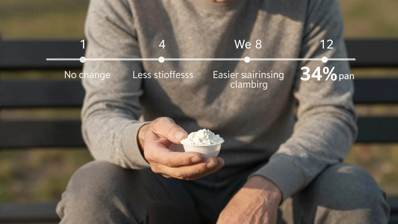 Muž drží prášek kolagenu typu II na slunné chvíli na lavičce, s časovou osou zlepšování.