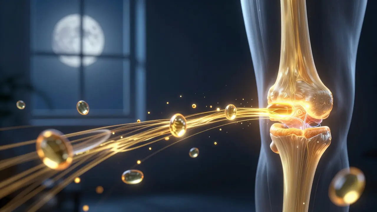 Nocní scéna kloubu s zlatými peptidy kolagenu a molekulami vitamínu C, osvětlené měsíčním světlem.