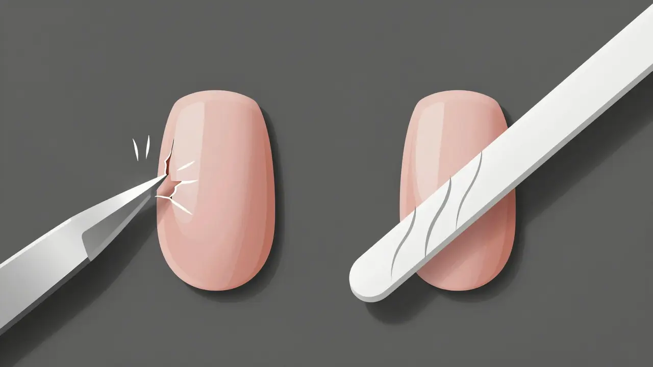 Porovnání poškozeného a dokonalého gelového nehtu při různém pilování.