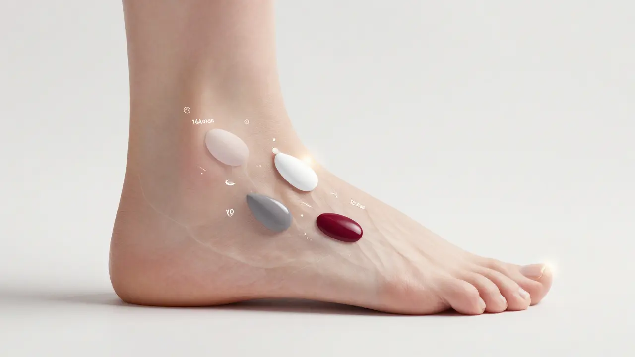 Přehled moderních barev nehtů s symboly pro zdravou péči o nehty.