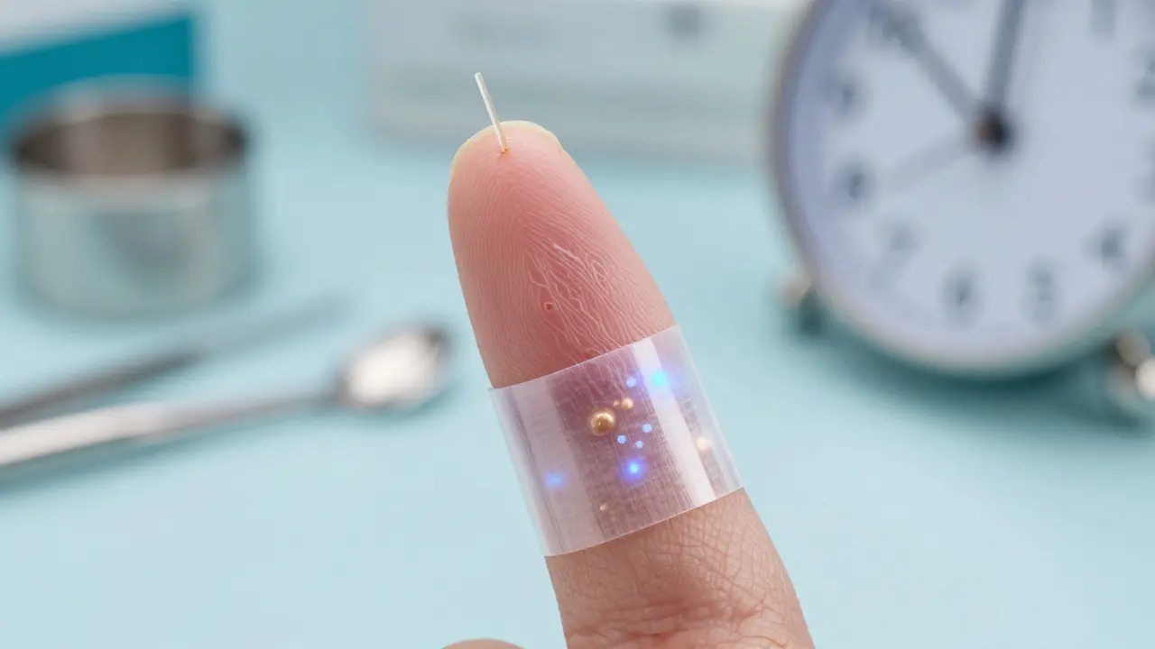 Překrytý prst silikonovým obvazem s viditelným růstem nového nehtu a regenerací kůže pod obvazem.