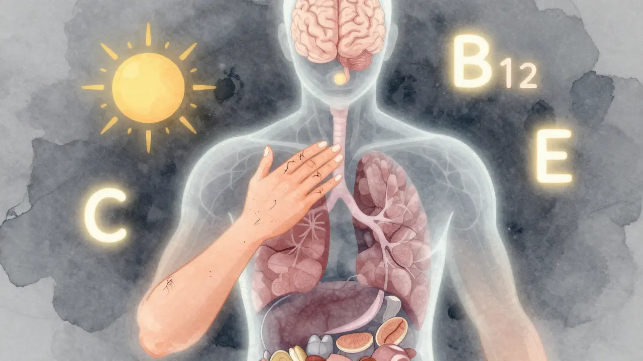 Průhledný obrys lidského těla s osvětlenými oblastmi postiženými nedostatkem vitaminů.