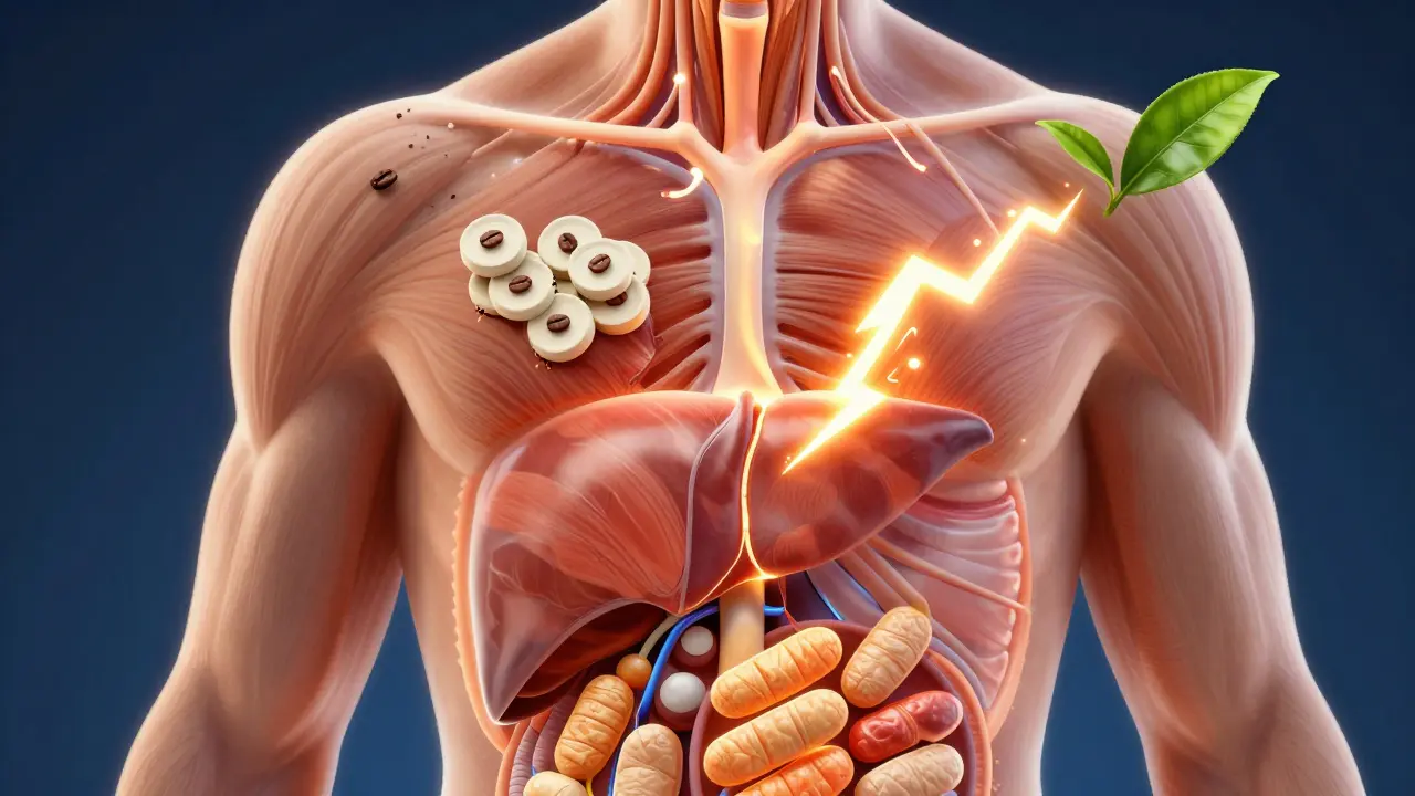 Průřez lidského těla ukazující spalování tuků v buňkách s kofeinem a zeleným čajem.