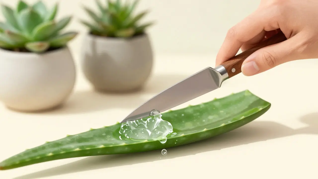 Ruka odřízne list aloe vera a vytahuje želatinovitý gel do skleněné nádoby.