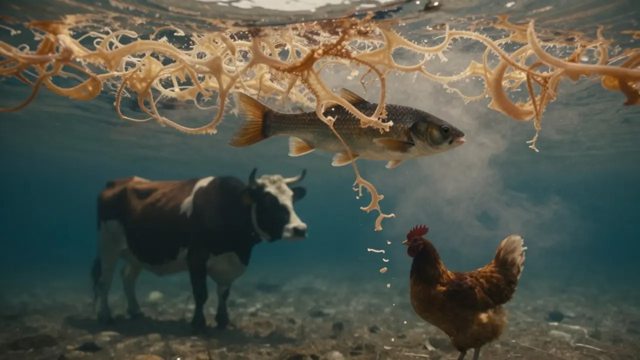 Ryba plavoucí kolem kolagenových vláken, které se mění v mladou kůži, zatímco zvířata v pozadí mizí.