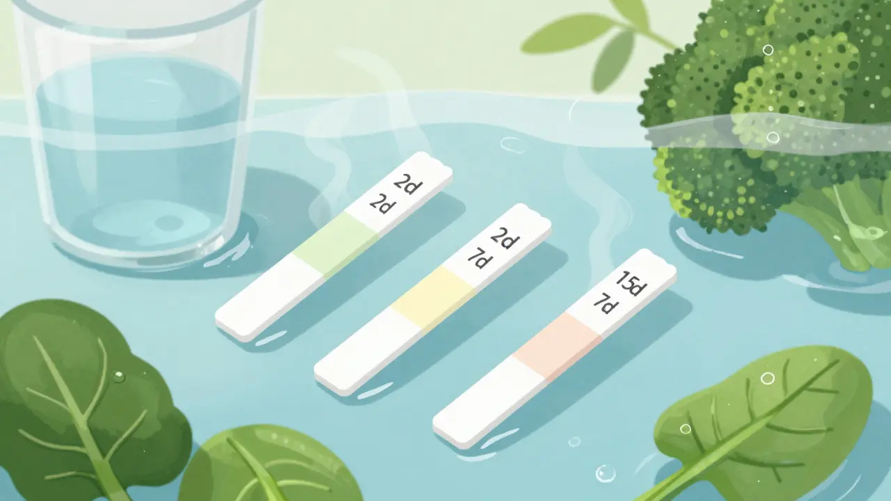 Testovací proužky v vodě s postupně slabnoucí barvou, symbolizující vylučování kotininu z moči.