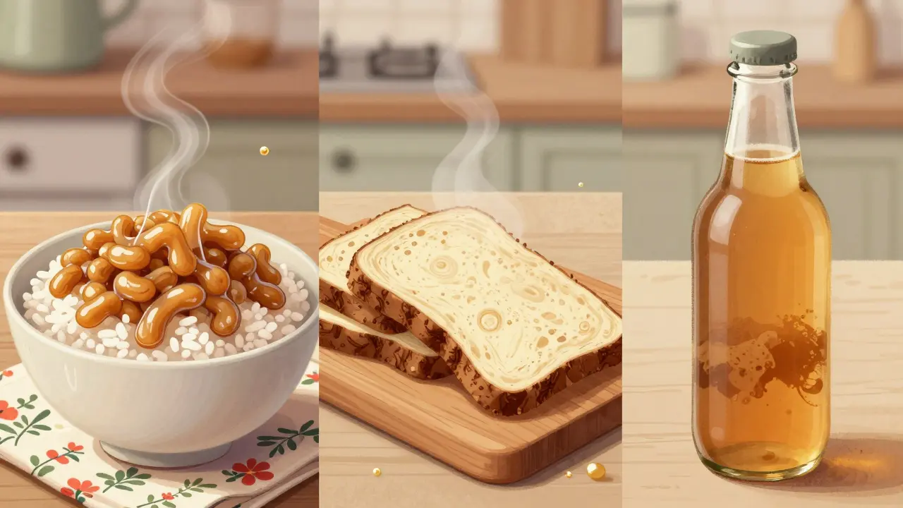 Tři fermentované potraviny: natto, tempeh a kombucha s SCOBY, v uměleckém stylu.