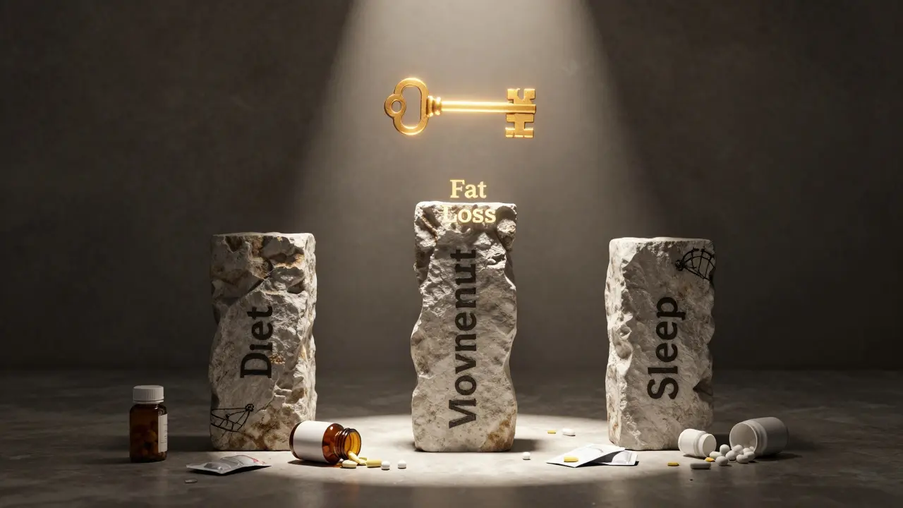Tři kamenné sloupy s nápisem 'Diet', 'Pohyb', 'Spánek' drží zlatý klíč, doplňky jsou rozbité.