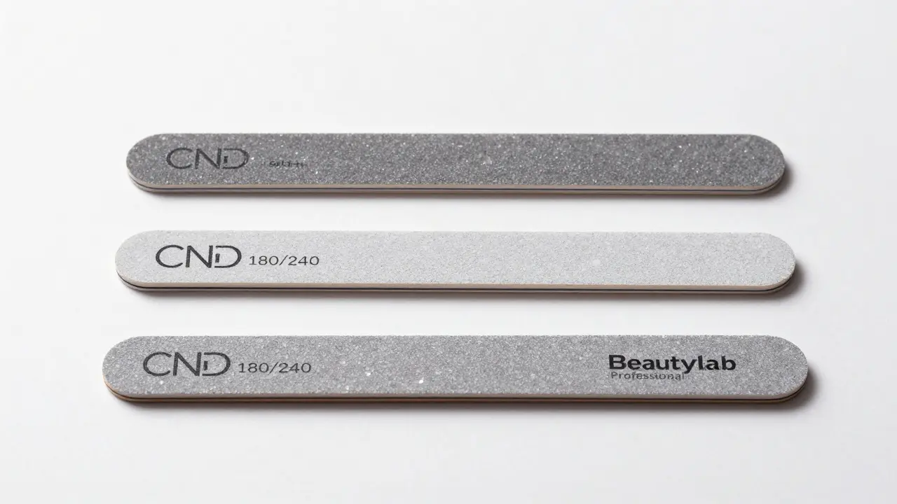 Tři nejlepší křemenné pilníky pro gelové nehty ležící na bílé podložce.