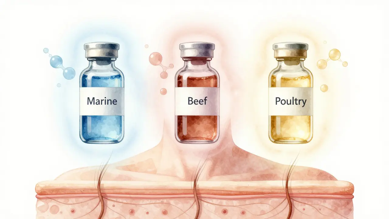 Tři typy kolagenu v průhledných lahvičkách s tělesnými oblastmi, které podporují.