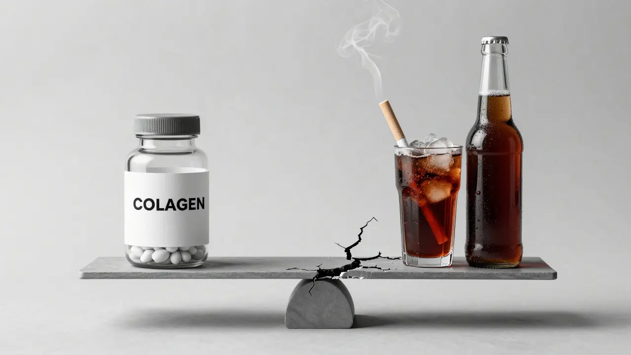 Váha s kolagenem na jedné straně a cukrem, cigaretou a pivem na druhé, symbolizující vstřebávání.