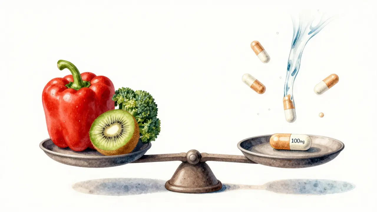 Váha s přírodními zdroji vitamínu C na jedné straně a tabletkou na druhé, symbolizující efektivnější příjem z potravy.